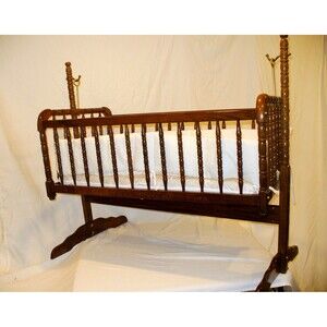 Vintage Jenny Lind Spindle Dark Wood Brass Cradle/Bassinet w/ Linens, Mattress